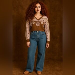 EUC Altar’d State Boho Doll Hippie Brown + Floral Cropped Sweater